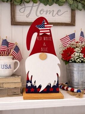 Rae Dunn Patriotic Gnome 🇺🇸 Red White & Blue Wood Decor NEW
